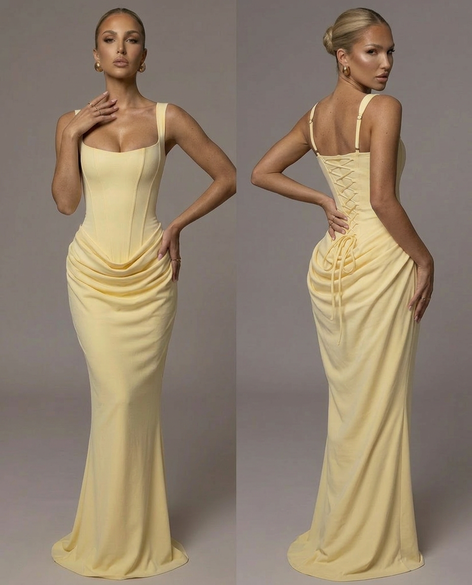 Vestido Largo Fruncido Estilo Frances