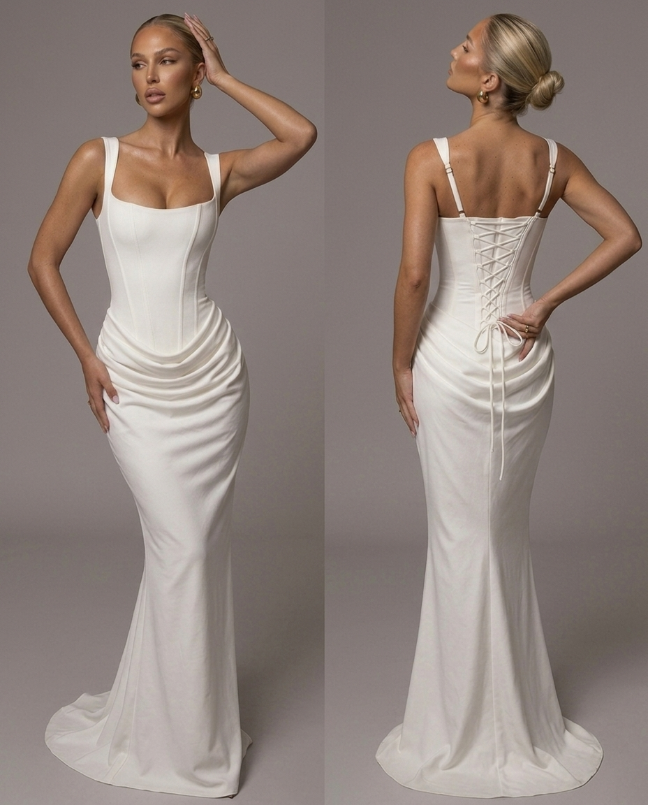 Vestido Largo Fruncido Estilo Frances