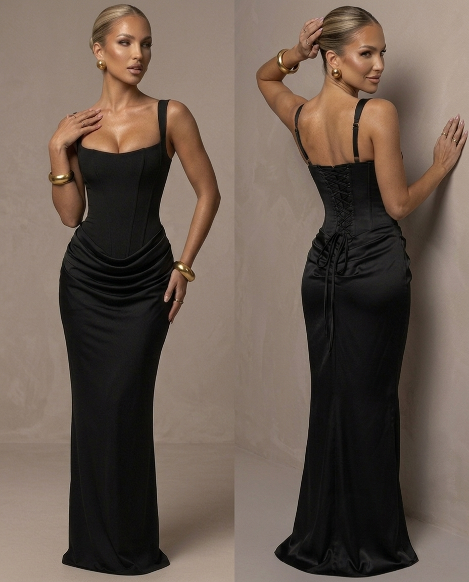 Vestido Largo Fruncido Estilo Frances