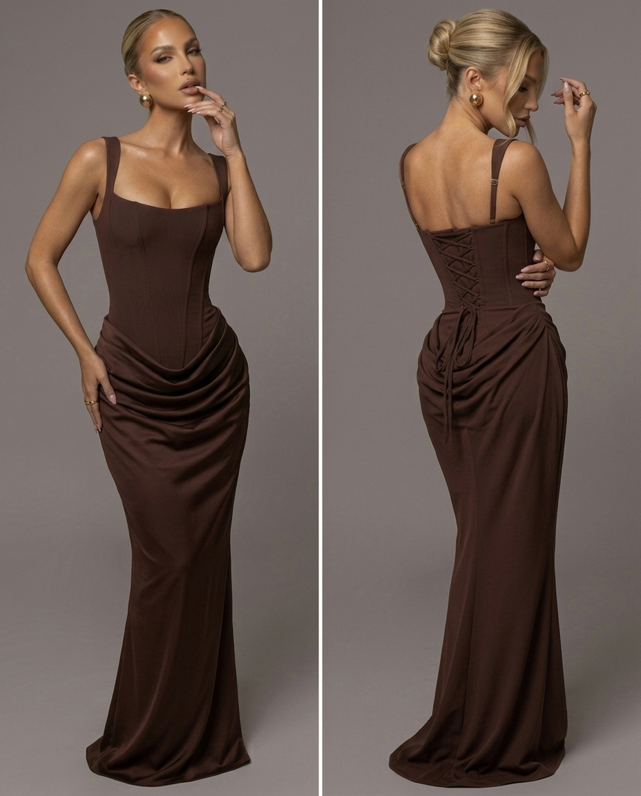 Vestido Largo Fruncido Estilo Frances