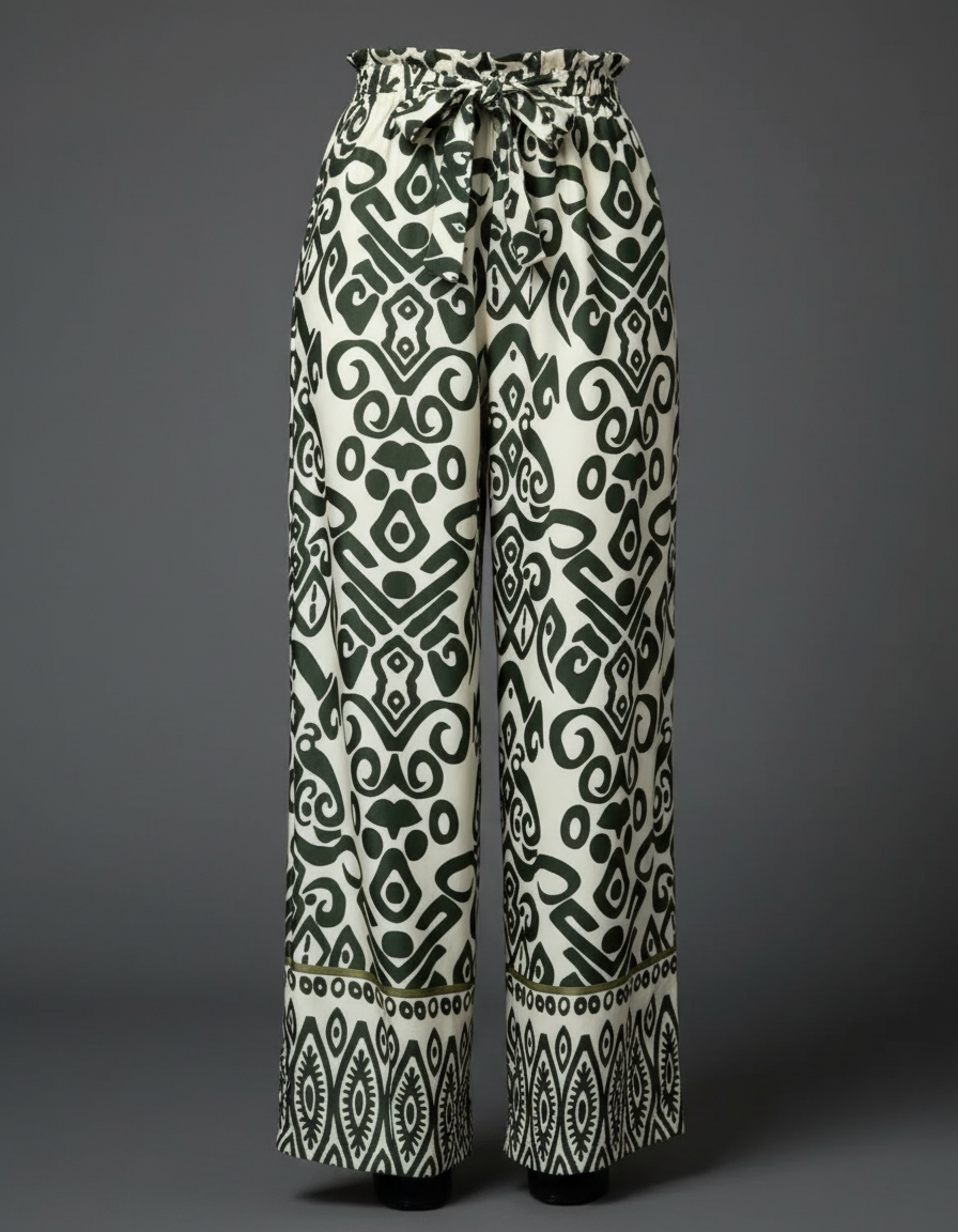 Pantalones de pierna ancha con estampado gráfico. - Caqui