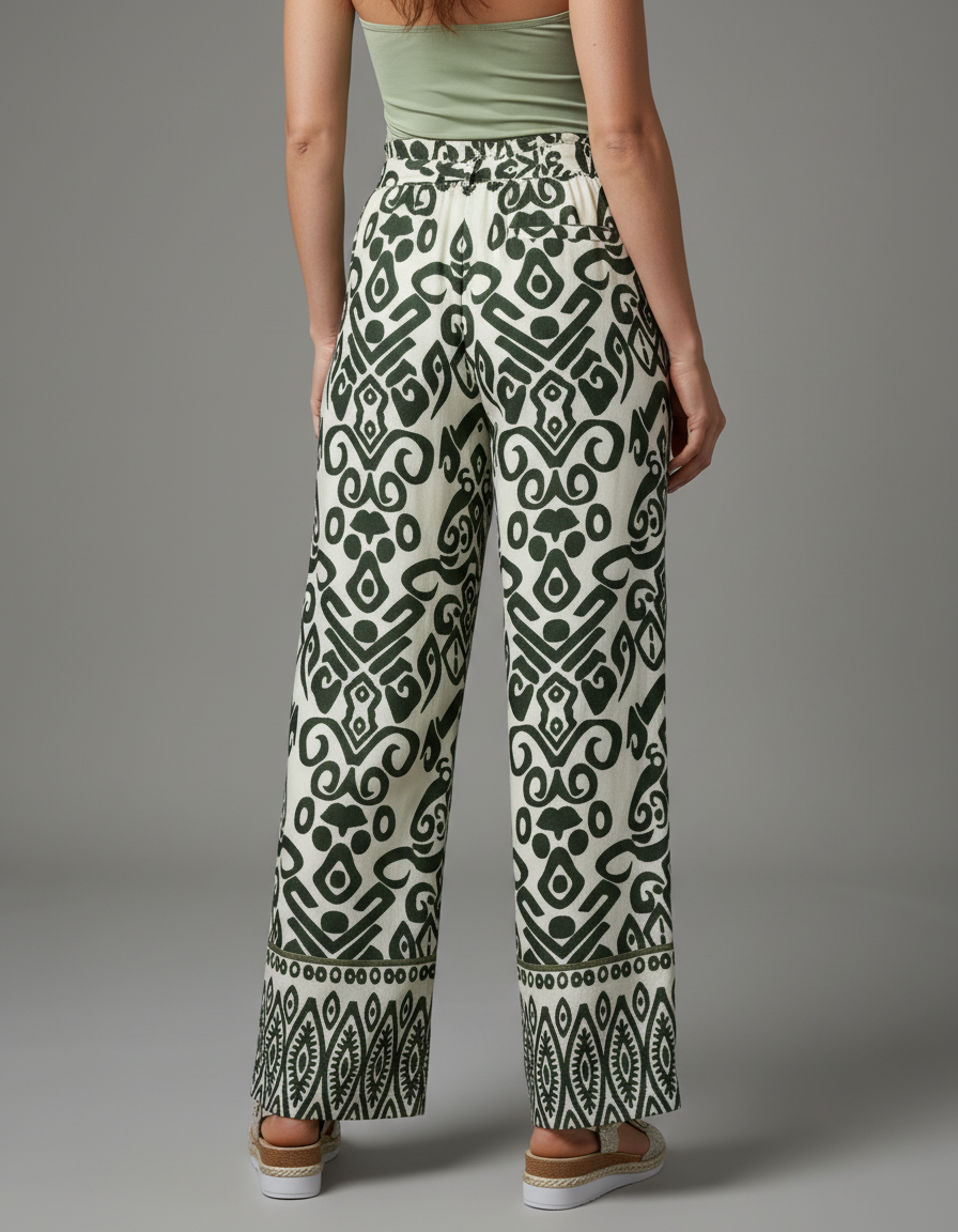 Pantalones de pierna ancha con estampado gráfico. - Caqui